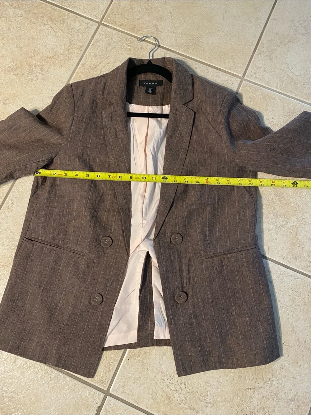 Tahari Linen Brown Pinstripe Women's open Blazer